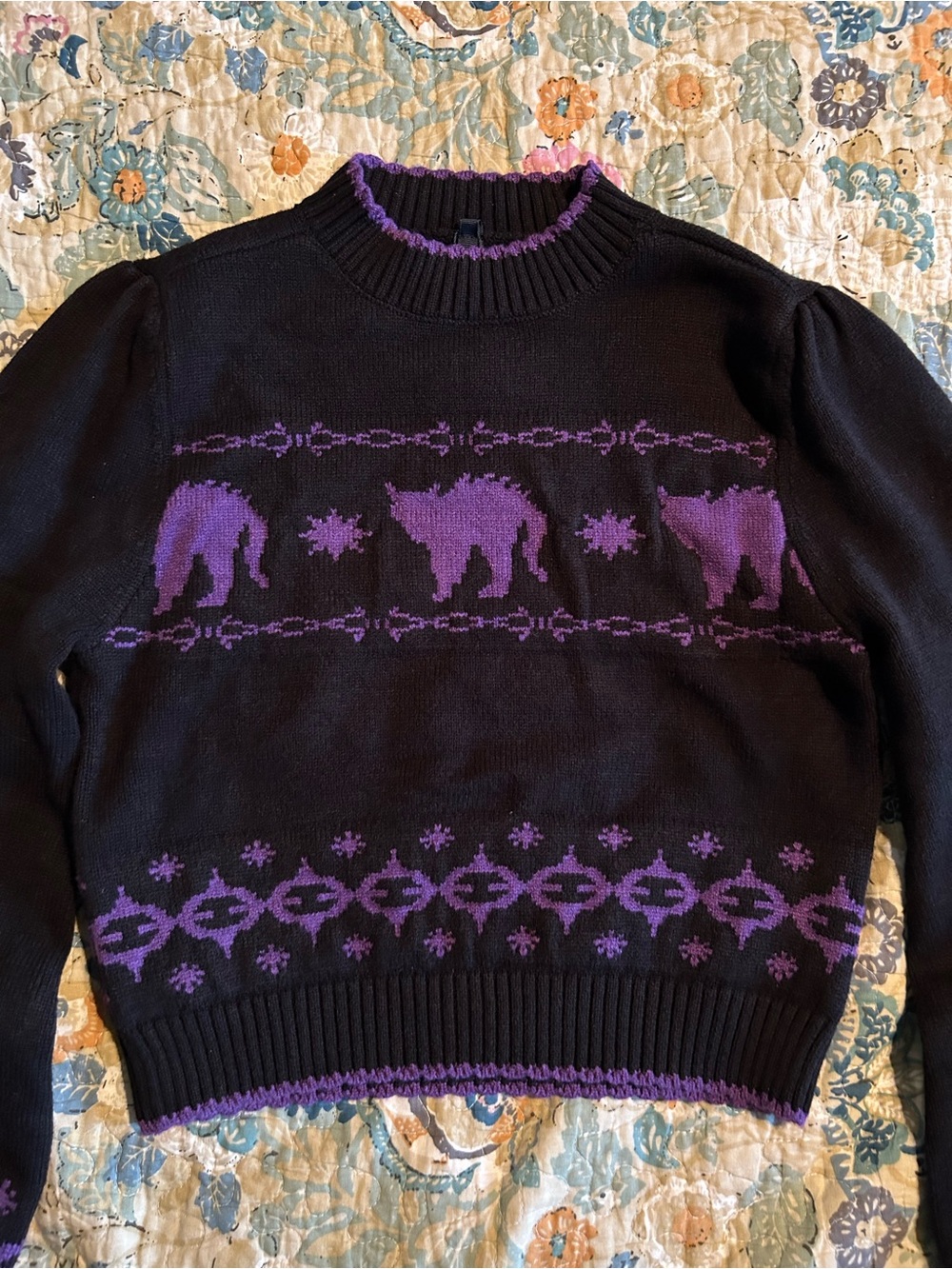 Dangerfield Black Crewneck Sweater with Purple Cat Motif Size 8